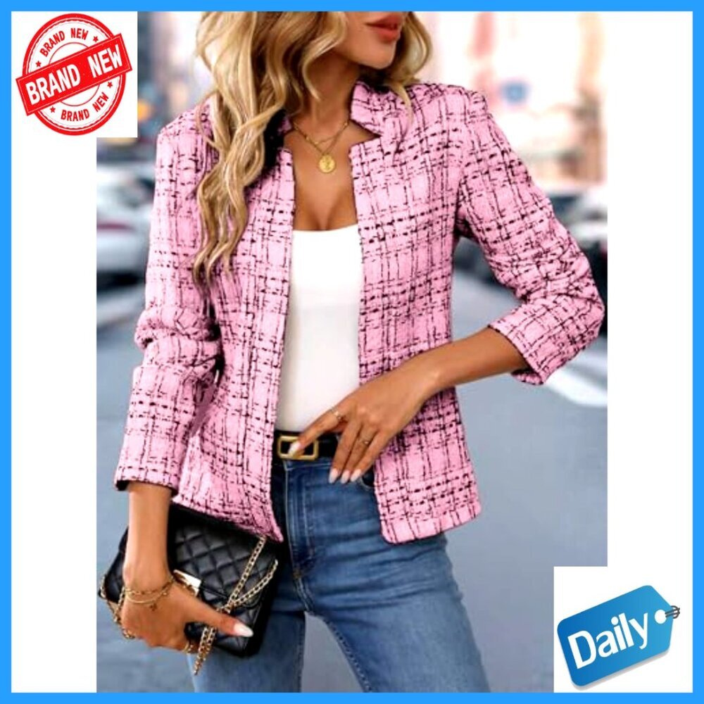 Slim Fit Tweed Blazer Long Sleeve Notch Collar Casual Business Office Jacket - Picture 3 of 7